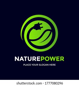 Eco Energy Vector Logo with leaf symbol. Green color with flash or thunder graphic. Nature and electricity renewable. This logo is suitable for technology, recycle, organic, plug.