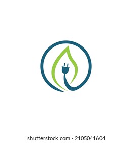 Eco Energy Vector Logo with leaf symbol. Green color with flash or thunder graphic. This logo is suitable for technology, recycle, organic, plug.