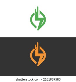 Öko-Energie-Vektorlogo mit Blattsymbol Symbol Design grüne Bio-Blatt mit Blitz oder Donner Ikone Naturstrom.