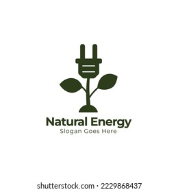 Eco Energy Vector Logo with leaf symbol. Green color with flash or thunder graphic. Nature and electricity renewable. This logo is suitable for technology, recycle, organic, plug