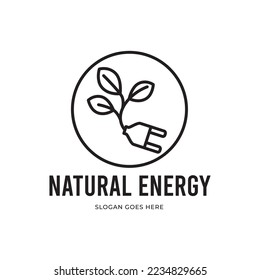 Eco Energy Vector Logo with leaf symbol. Green color with flash or thunder graphic. Nature and electricity renewable. This logo is suitable for technology, recycle, organic, plug