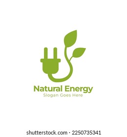 Eco Energy Vector Logo with leaf symbol. Green color with flash or thunder graphic. Nature and electricity renewable. This logo is suitable for technology, recycle, organic, plug