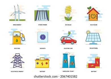 Eco energy web concept stroke flat line icons isolated set. Green energy items bundle. Graphic linear symbols collection for website design. Vector conceptual pack outline pictograms for mobile app
