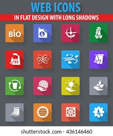 Eco energy web icons in flat design with long shadows