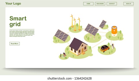 Eco energy webpage vector template with isometric illustration. Smart grid. Solar, wind renewable power. Alternative home energy source. Website interface design. Webpage, mobile app 3d concept
