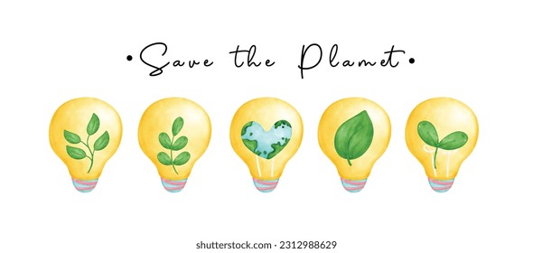 Eco envirentalment friendly save our planet banner, save energy, group of eco yellow light bulbs, watercolor painting.