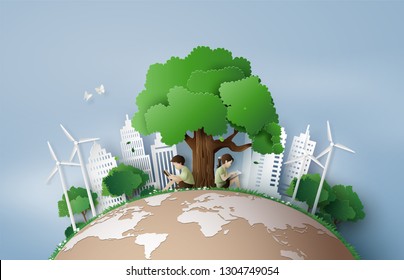 Eco and environment concept  with children read a book under the big tree,Paper art 3d from digital craft style.