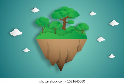 Eco environment concept idea with floating island illustration, cloud, pond, on blue sky background in paper art craft style design, vector illustration