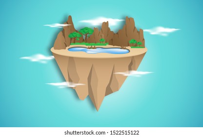 Eco environment concept idea, floating island with pond, transparent cloud, trees and rocky mountain on blue background in paper art craft style design, vector illustration