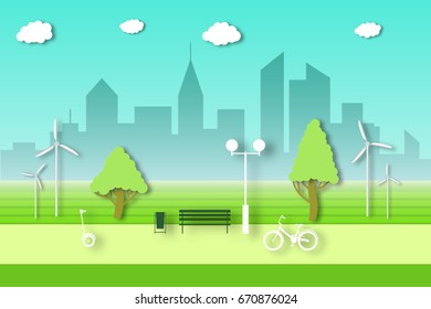 Eco Environment Ecology Concept. City Life With Cut Paper Trees, Buildings, Wind Farm. Earth Lifestyle. Bike And GyroScooter In The Park. Template For Banner, Card. Vector Illustrations Art Design.