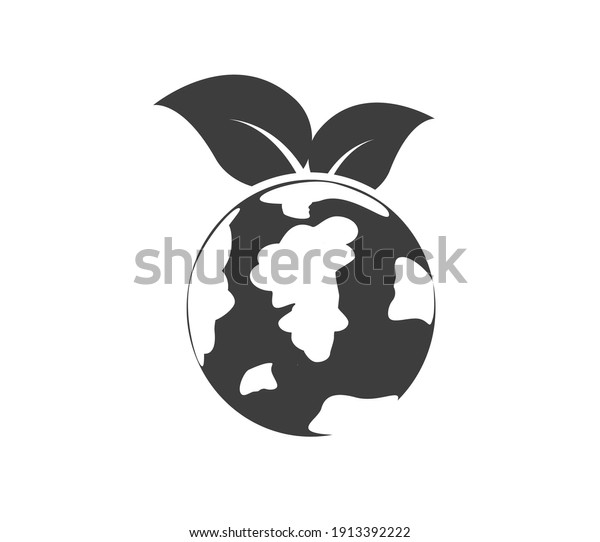 Eco environment electric. Black Earth\
globe and plant icon isolated on white\
background.