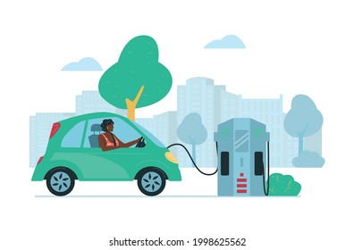 Vehículo eléctrico ecológico en estación de servicio, ilustración vectorial plana aislada en fondo blanco. Transporte eléctrico o carga de auto electrónico con electricidad.
