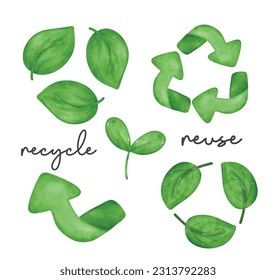 Eco environment friendly, recycle, reuse symbol, group of green plant and arrow symbol watercolor painting