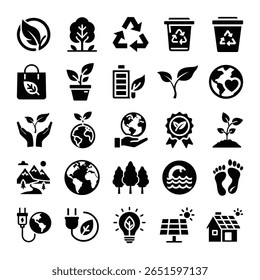 Conjunto de iconos ecológicos y ambientales: silueta negra plana de Vector de energía verde, reciclaje, Naturaleza, sostenibilidad, energía renovable y símbolos de cuidado de la tierra