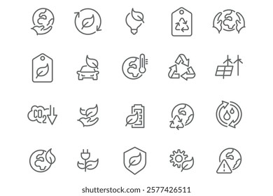 Eco Environment Icons – Editable and Ready to Use. Vector icon set featuring recycling, renewable energy, CO2 reduction, water conservation, and eco-friendly transport.