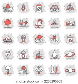 Eco environment icons set in comic style. Ecology cartoon vector illustration on white isolated background. Bio emblem splash effect sign business concept.
