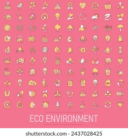 Eco environment icons set in comic style. Ecology cartoon vector illustration on isolated background. Bio emblem splash effect sign business concept.