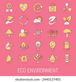 Eco environment icons set in comic style. Ecology cartoon vector illustration on isolated background. Bio emblem splash effect sign business concept.