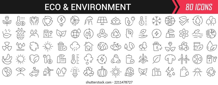Eco and environment linear icons in black. Big UI icons collection in a flat design. Thin outline signs pack. Big set of icons for design