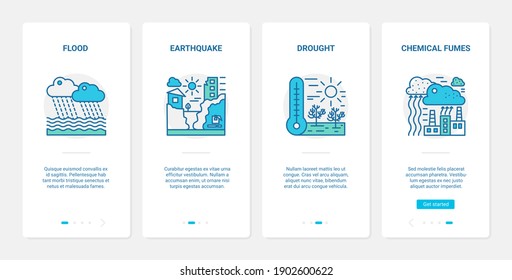 Eco environment problem, disaster ecocatastrophe vector illustration. UX, UI onboarding mobile app page screen set with line nature ecology catastrophy, flood earthquake drought chemical fumes symbol