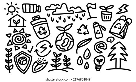 eco environment and save energy campaign icon set hand drawn doodle outline vector template illustration collection for education and coloring book