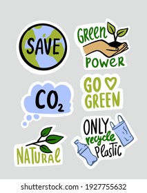 Eco environment stickers. Set emblems with lettering and green phrases