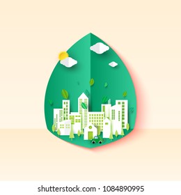 Eco environment urban cityscape with green leaf background.Paper art vector illustration.