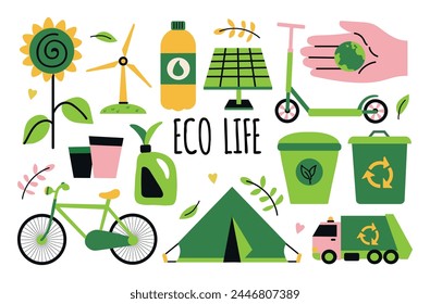 Eco environment vector icon clipart set with solar panel, earth in hand,eco cups,green energy, garbage truck,rubbish bin,plastic bottle,faucet,plants, summer camp