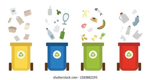 Eco environment vector illustration with garbage for recycling products for planet protection. Green planet concepr with trash separating idea