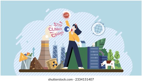 Eco, environmental protection activist volunteer holding banner. Save our planet demonstration, climate change protesters flat vector illustration. Ecology activism manifesting. Rights and democracy