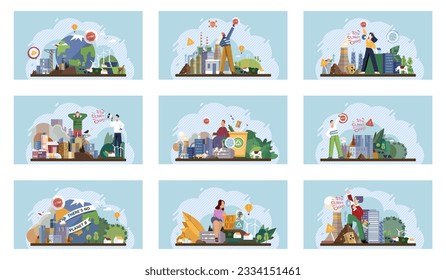 Eco environmental protection activist volunteer concepts set. Save our planet demonstration, stop climate change protesters. Ecology activism manifesting. Global warming and Greenhouse effect of CO2