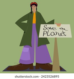 Eco, environmental protection activist young woman holding poster "Save the planet". Protest strike against climate change. Flat hand drawn vector illustration