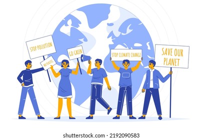 Eco, environmental protection activists holding banners. Save our planet demonstration, climate change protesters flat vector illustration. Ecology activism manifesting