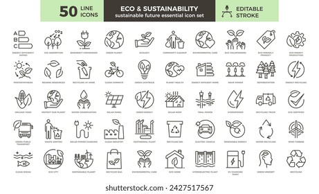 Eco and Environmental Sustainability Icon Set: 50 Thin Line Illustrations for a Greener Future - Editable Stroke Icons on Ecology, Renewable Energy and Eco-Friendly Practices