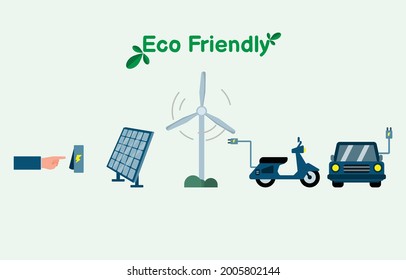 Eco environmentally friendly flat icon vector illustration, renewable energy such as solar and wind power and electric vehicles, including energy saving.