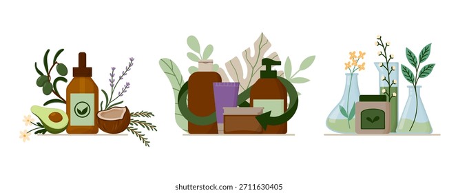 Conjunto de Ilustraciones de cosméticos ecológicos y éticos. Contenedores con flechas de reciclaje, Botella de cuentagotas de vidrio de cosméticos ecológicos naturales con ingredientes orgánicos alrededor, Vasos de laboratorio de vidrio y frascos