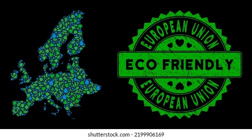 Eco European Union map composition of herbal leaves and water drops, and ECO FRIENDLY quality seal. European Union map is made from green herbal icons and blue water drops.
