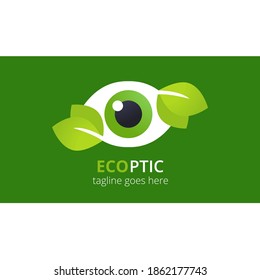 Eco Eye logo on green background. Vector design template. Optic care logotype concept.