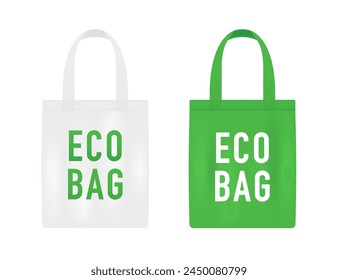 Eco Fabric Bag Fabric Isolated on White Background. Caring for the environment. Reusable eco bag mockup. Ecology sack with white and green color. Fabric eco bags with handles. Vector illustration