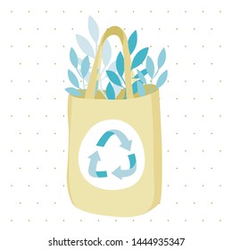 Eco fabric bag with leaves. Recycling eco bag instead of plastic one. Go green.  Save the planet. Eco life. Zero waste lifestyle.