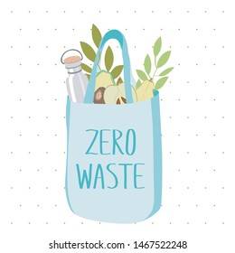 Eco fabric bag with leaves, vegan food and reusable bottle. Recycling eco bag instead of plastic one. Go green.  Save the planet. Eco life. Zero waste lifestyle.
