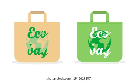 Eco fabric bag mockup with typography design. Print for eco bag. Textile reusable pack. Care about the environment. Zero waste. Vector illustration isolated on white background.