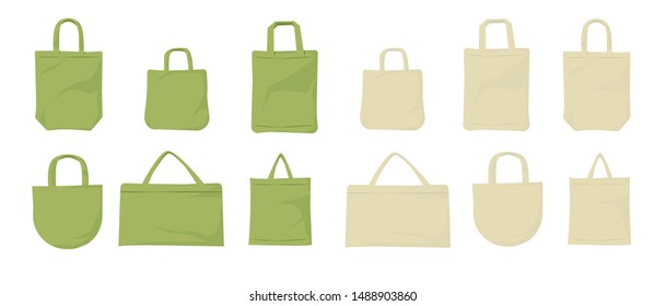 Eco fabric bag. Paper big set . Stop using disposable polythene package Vector cartoon illustration.