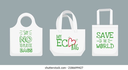 Eco fabric bag. Textile reusable handbag with text say no to plastic bag. Shopper made of recyclable material for environmental protection. Package template for shopping, traveling vector set