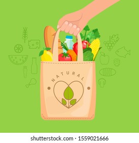 Eco Fabric Cloth Bag full of natural food, vegetables, fruits, bread, water. The concept of caring for the environment,reuse things, healthy shopping. Vector illustration.