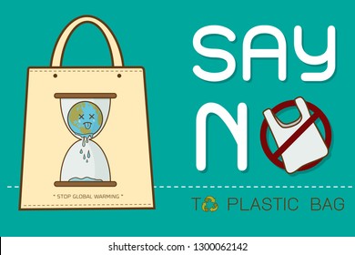 Eco Fabric Cloth Bag Tote with text Say no to plastic bags poster. Disposable cellophane and polythene package prohibition sign. Pollution problem concept Vector illustration