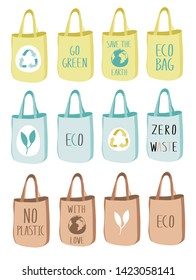 Eco fabric cloth and paper bag with green leaf, Earth, recycling,  and ECO symbols. Care about the environment. Tote isolated on white background. Bags replacement plastic bags. Vector Illustration.