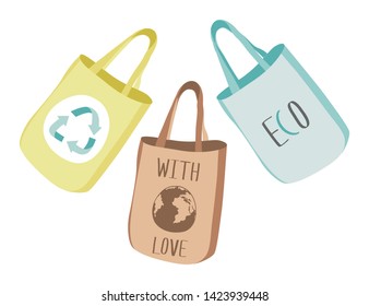Eco fabric cloth and paper bag with green leaf, Earth, recycling,  and ECO symbols. Care about the environment. Tote isolated on white background. Bags replacement plastic bags. Vector Illustration.