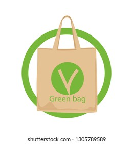 Eco Fabric Green Cloth Bag Tote Isolated on White Background. Care about the Environment.