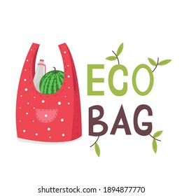 Eco Fabric Grocery Shopping Bag. In a red bag a watermelon and a thermos. Zero Waste. Ecological no plastic bags concept. Reusable shopping bag. Vector flat illustration